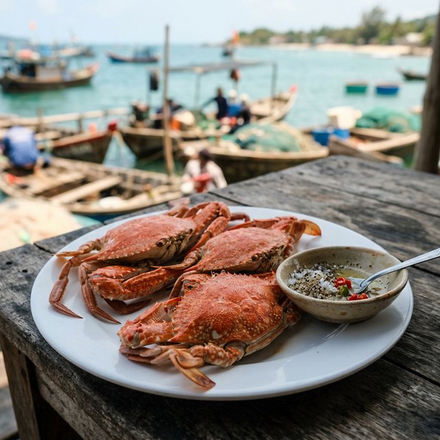 Ghẹ hấp Hàm Ninh chấm muối tiêu chanh