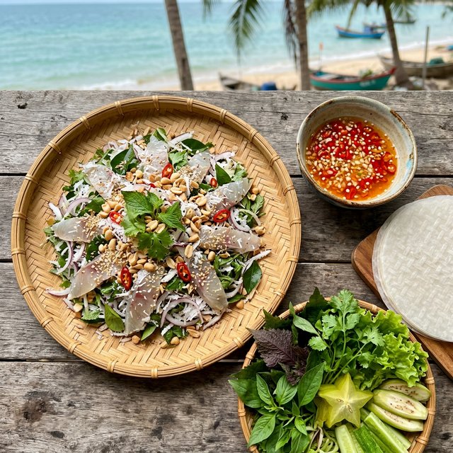 Gỏi cá trích Phú Quốc cuốn bánh tráng với rau rừng