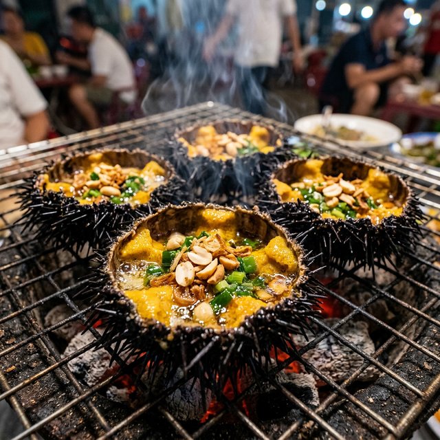 Nhum biển (cầu gai) nướng mỡ hành trên bếp than