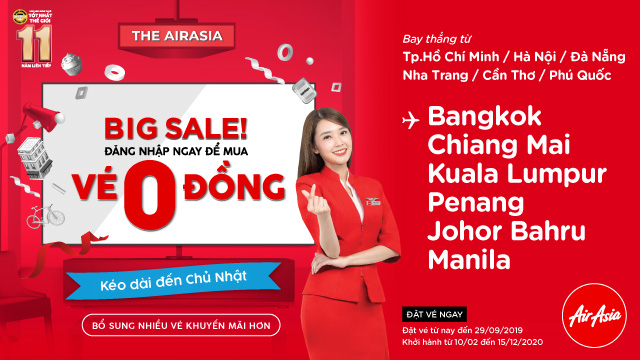 AirAsia Big Sale vé 0 đồng cho cả năm 2020